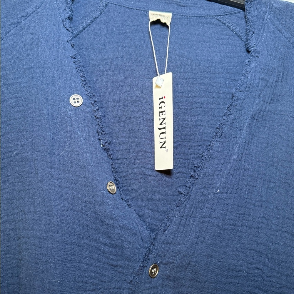 Igenjun Navy Gauze V Neck Beach Pool Coverup NWT XL Resort Wear Swim Tunic LS - Picture 3 of 10